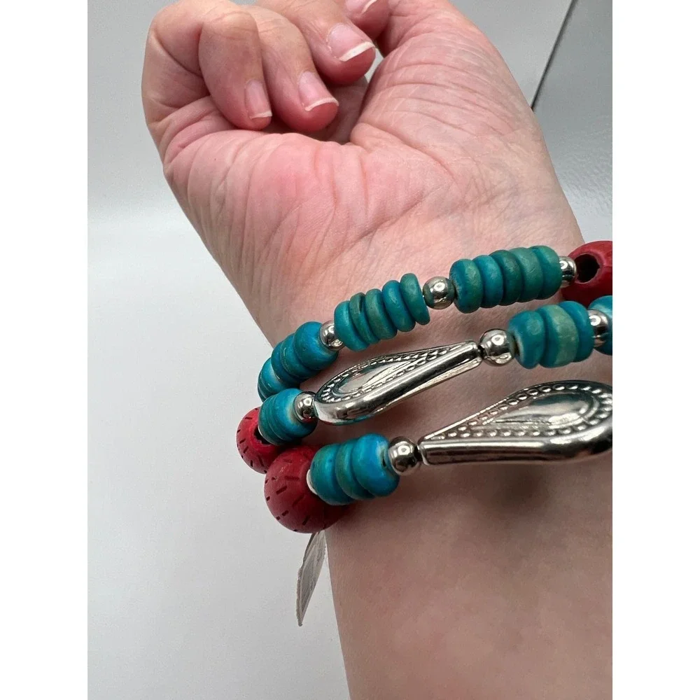 Chico's Wood Bead Wrap Bracelet Boho Coastal‎ Southwest Turquoise Red Wood OS